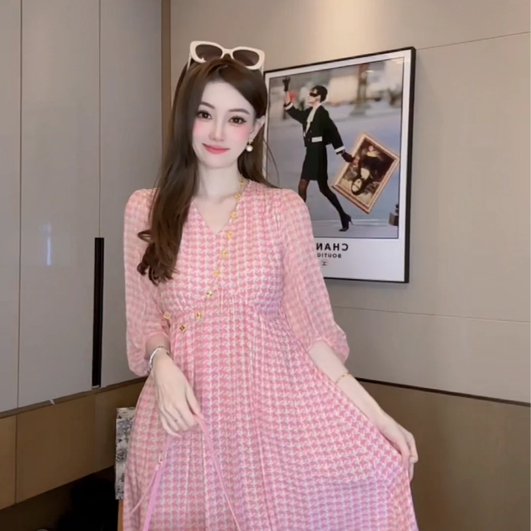 【丝芙玉禄】（S163）100%真丝双绉桑蚕丝V领粉色千鸟格女装连衣裙