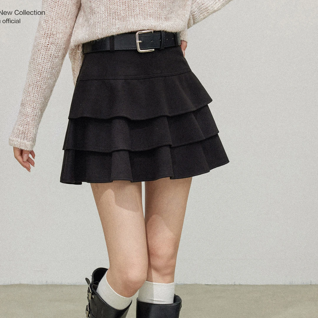 黑色毛呢半身裙女2025春秋新款高腰显瘦a字短裙荷叶边蓬蓬蛋糕裙