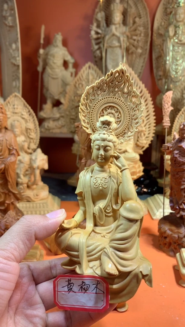 【闪购商品】木木雕黄杨木自在观音背光19高摆件