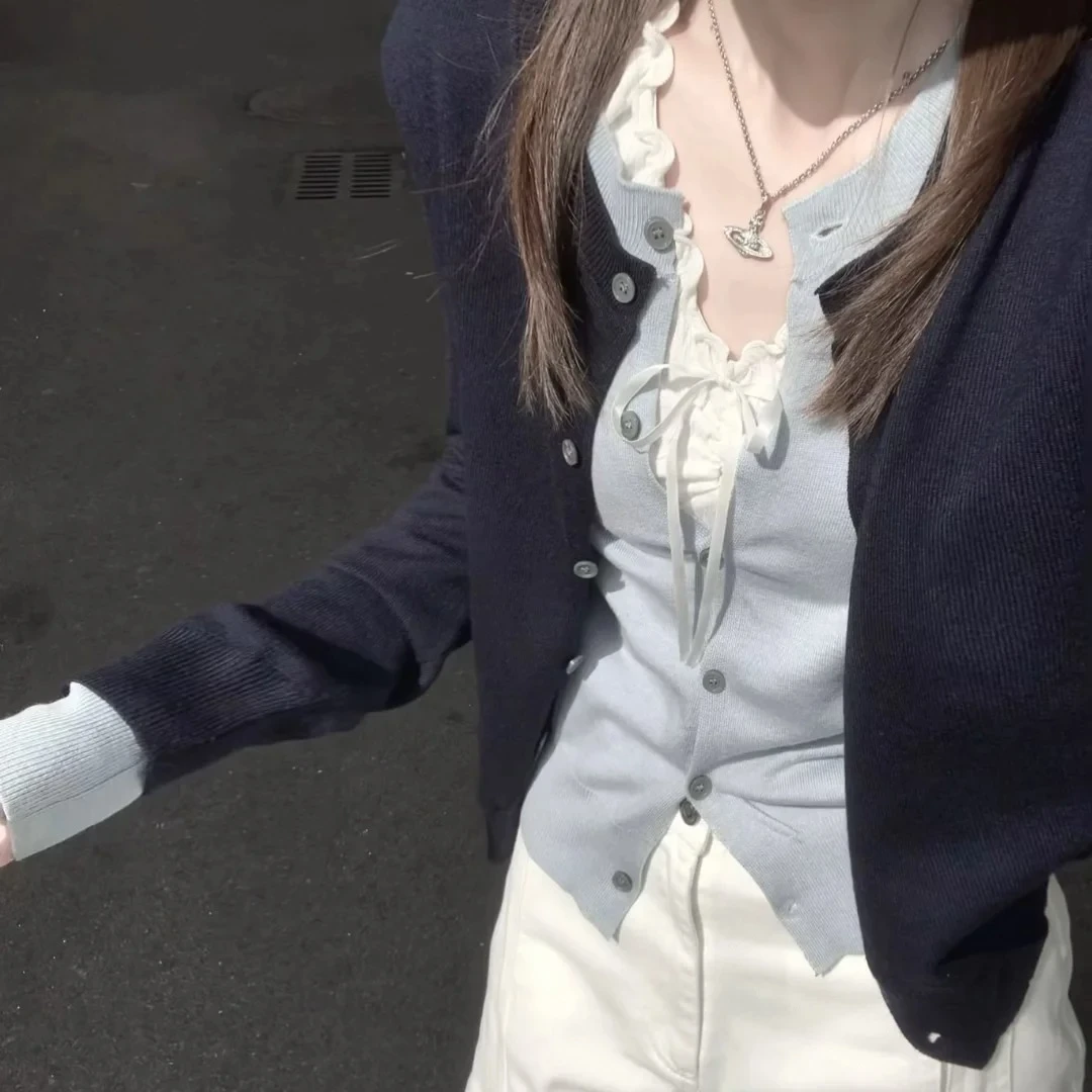 新款藏青色撞蓝色假两件针织开衫女2025百搭春季韩版复古毛衣外套