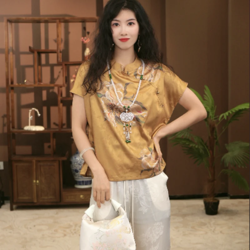 【金风玉露】新中式中国风2025网红新款时尚提花短袖上衣-GRZ6137QT