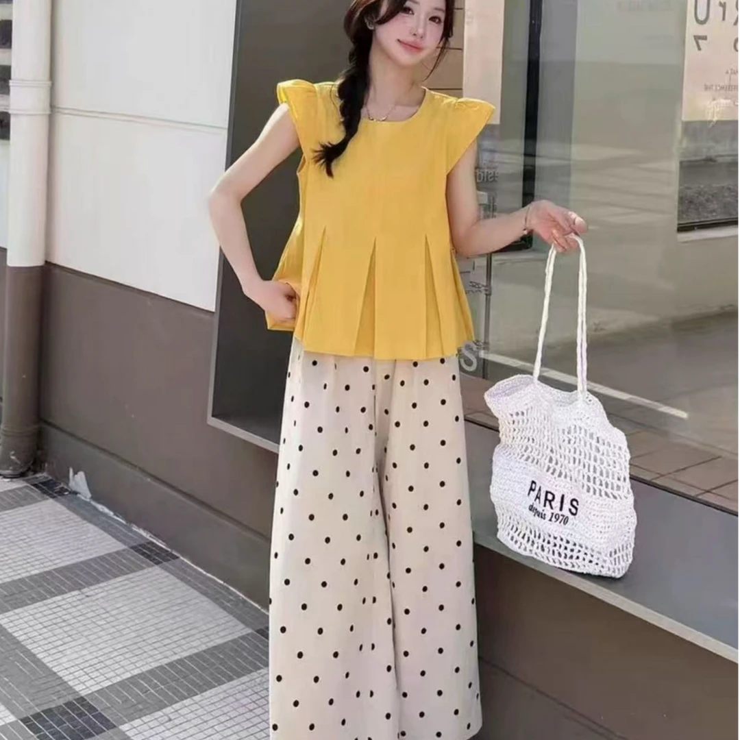减龄无袖上衣波点阔腿裤宽松显瘦时尚套装夏季新款外穿休闲女8808