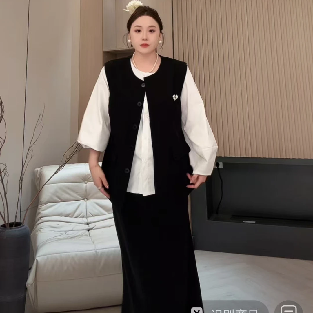 韩里韩气穿搭套装蕾丝拼接白色长袖衬衫无袖开衫马甲气质三件套女