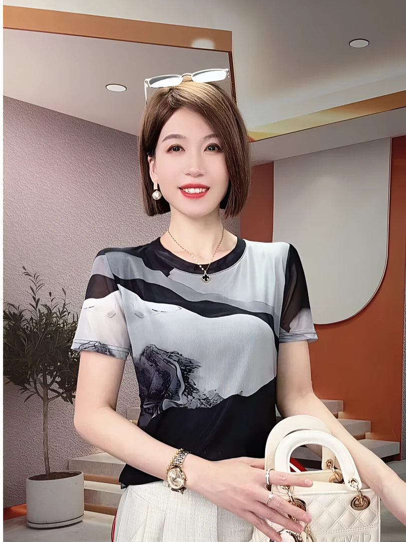 大码网纱印花t恤洋气上衣女夏季圆领短袖妈妈修身显瘦半袖内搭潮t