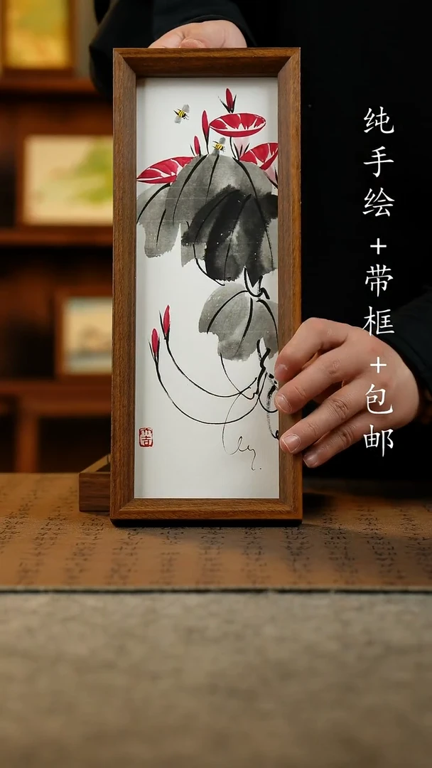 国画原创纯手绘国风国画摆台：画芯+画框12.5*31.5