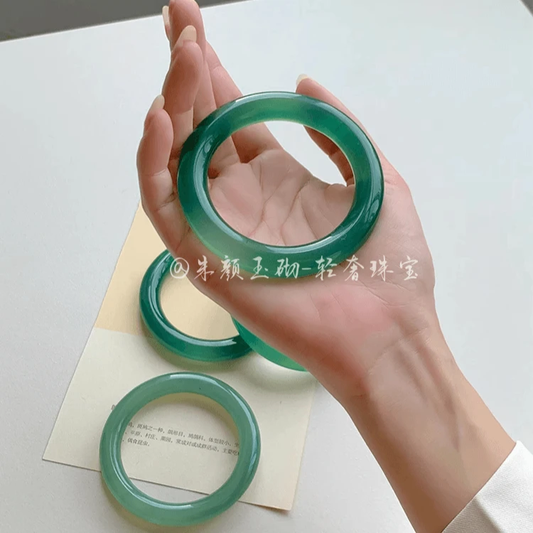 天然玛瑙圆条手镯文艺小清新油青色气质玉镯送女友礼物多样性发一
