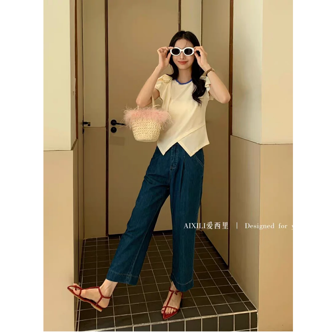 2025夏季薄款小个子八分九分直筒九分裤时尚高腰显瘦垂感牛仔裤女