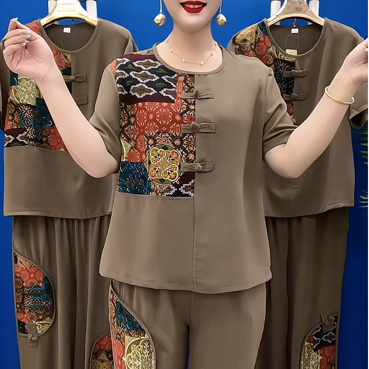 中国风夏季新款妈妈减龄休闲时尚套装显瘦休闲风复古印花薄款女装