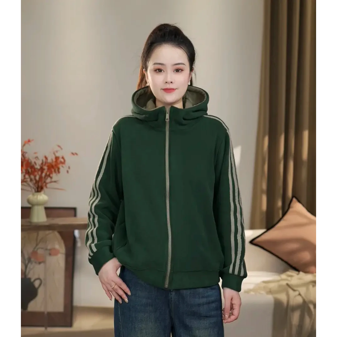 秋季新款时尚拼接女连帽长袖外套运动开衫加绒加厚外套带帽