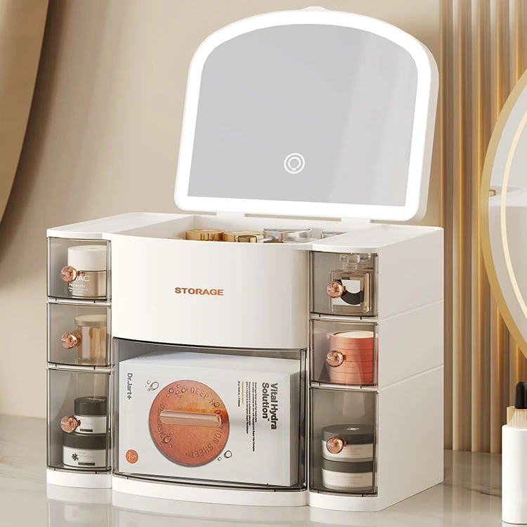 化妆品桌面收纳盒带镜子家用防尘多功能大容量护肤品收纳置物架