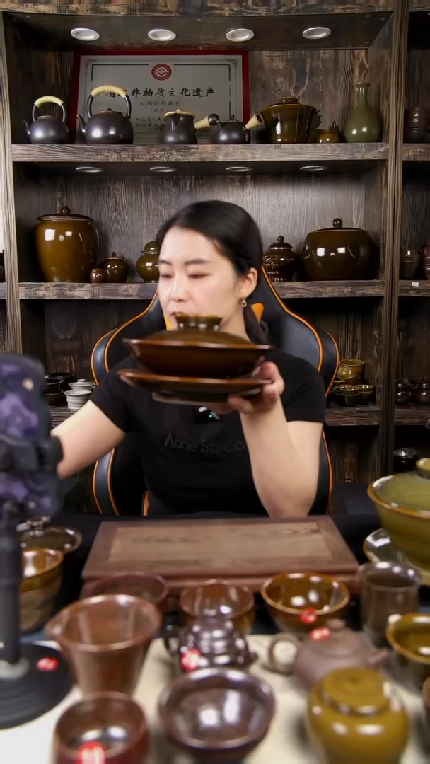 原矿釉三才盖碗手工