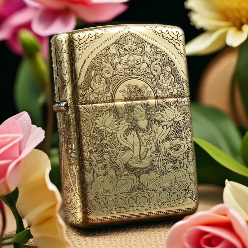 【老李推荐】zippo打火机白度母观音黄铜盔甲五面精雕DYJ1