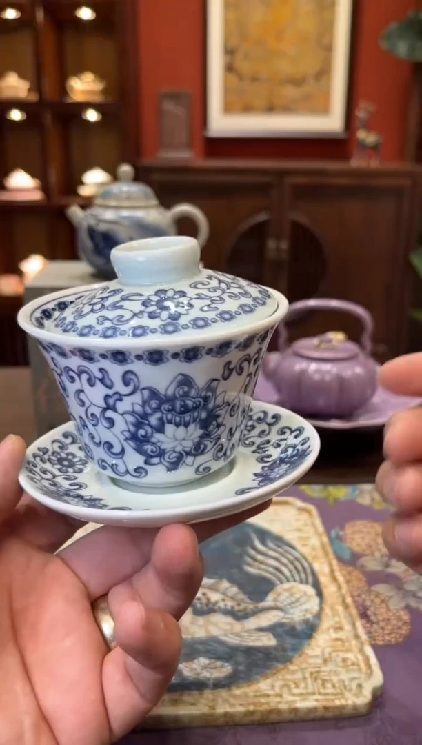 全蓝缠枝莲盖碗茶具茶具