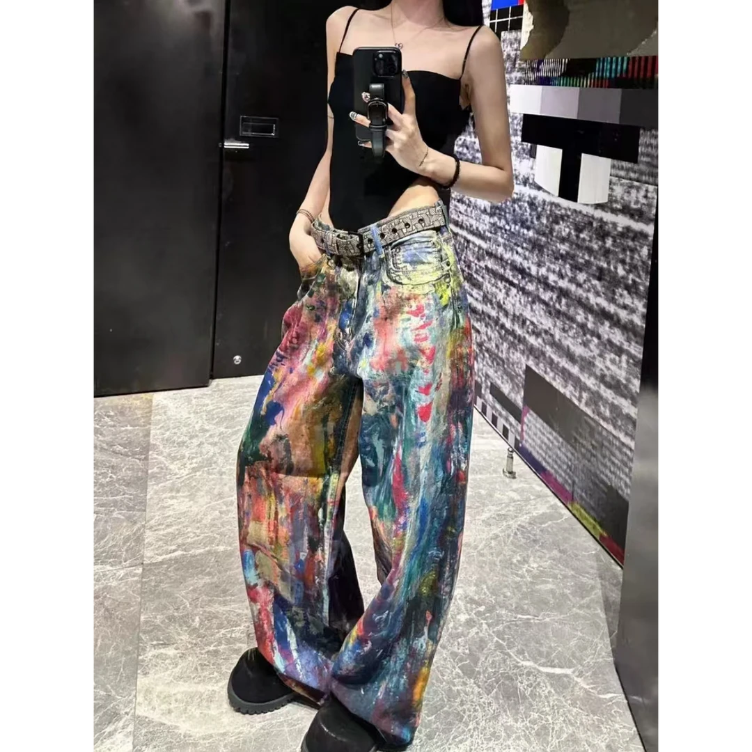 3-32美式复古彩色印花泼墨调色盘牛仔裤女新款街头设计感涂鸦长裤