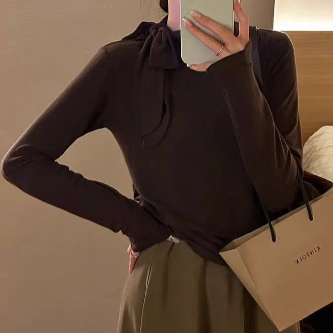 6122款设计感蝴蝶结修身长袖T恤女春秋显瘦系带打底衫上衣