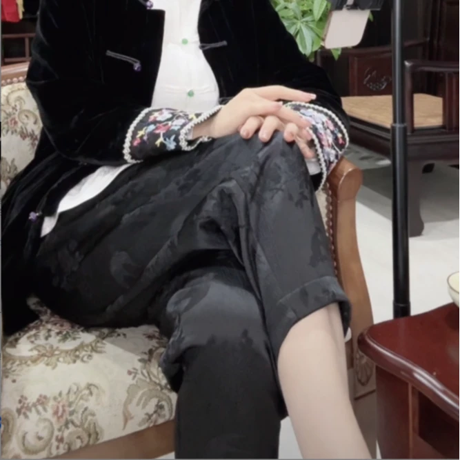 随缘（黑） 芳华设计新中式复古提花萝卜裤国风冬款百搭哈伦裤