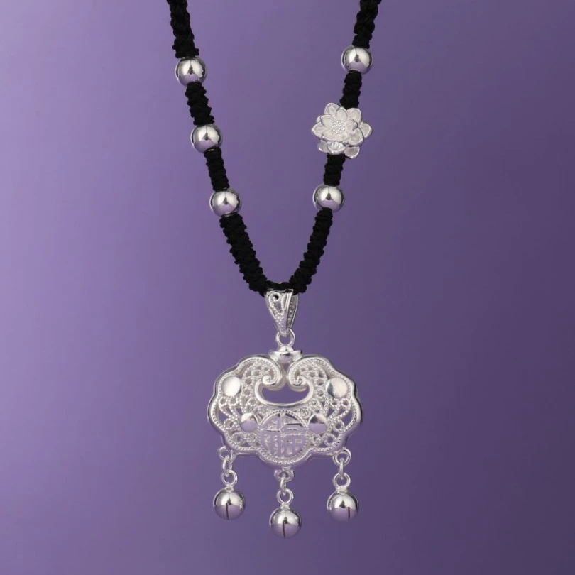 吊坠足银 足银999一朵莲花平安锁吊坠项链送生日礼物时尚百搭