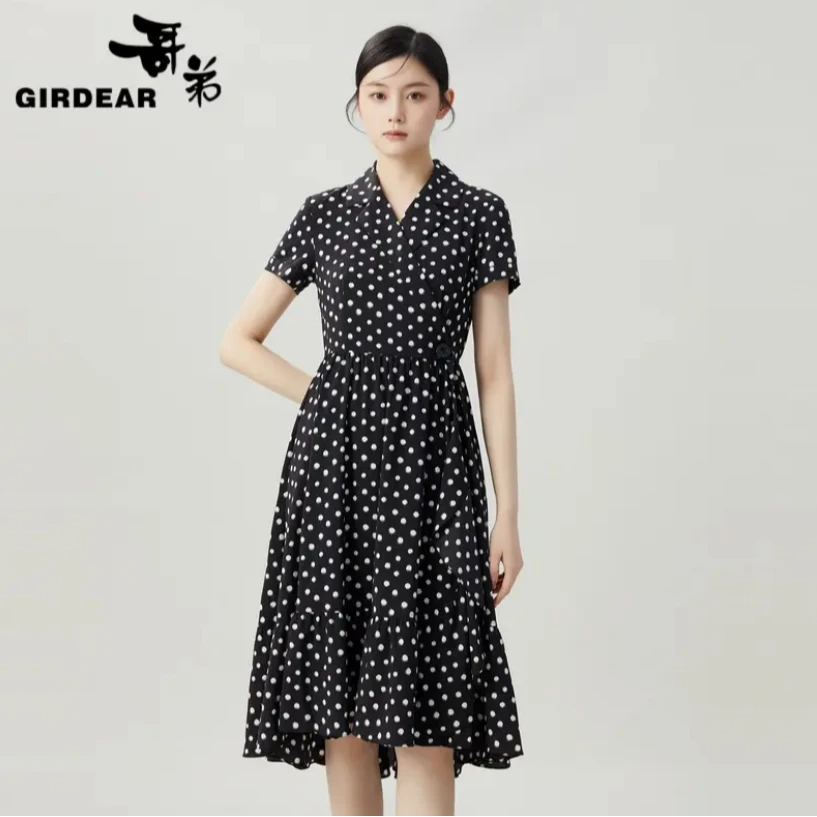 哥弟夏季经典赫本风翻领伯波点气质休闲连衣裙中长款法式黑色