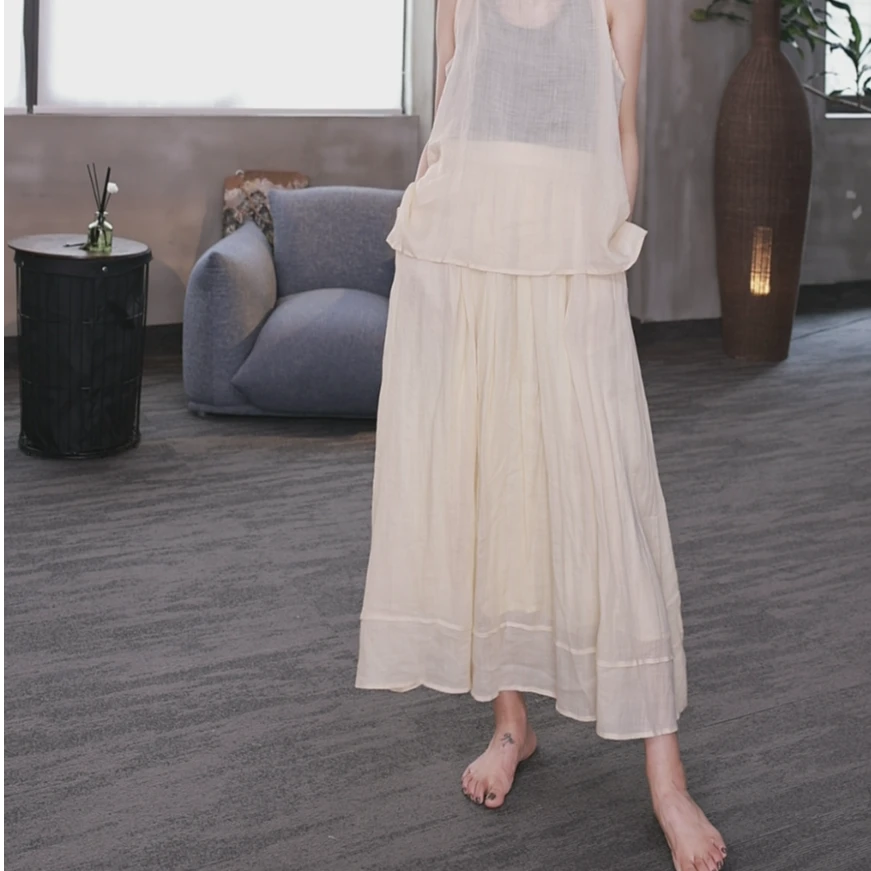 东倪MF 气质纯色细苎麻大摆裙夏宽松文艺包边纯色半身裙 85B0198