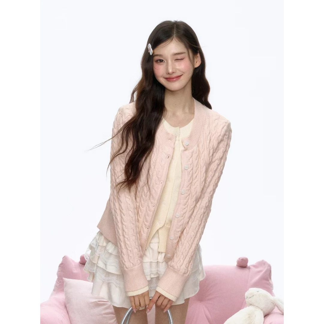 HandSeven韩系甜美温柔粉色假两件针织开衫减龄百搭夹克外套上衣