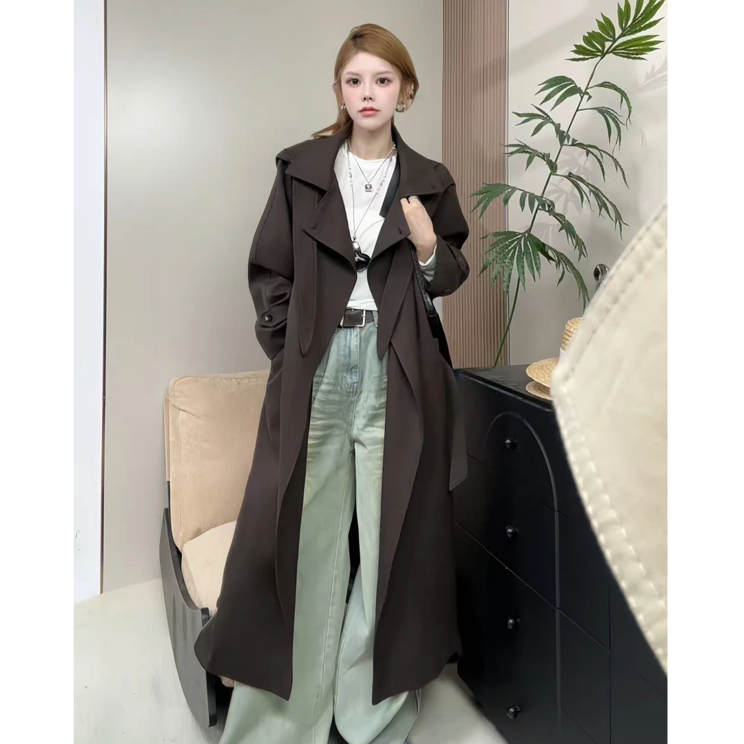 2025秋季英伦风百搭休闲简约长款连帽外套中长风衣女配腰带B0881