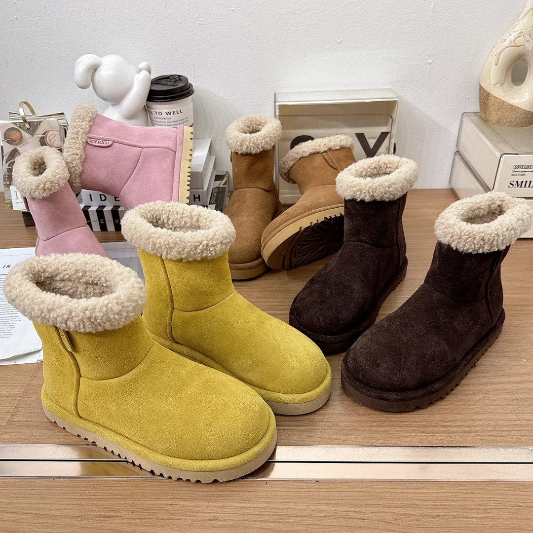 2025冬季新款磨砂真皮糖果色雪地靴女加绒保暖厚底羊羔毛勃肯棉靴