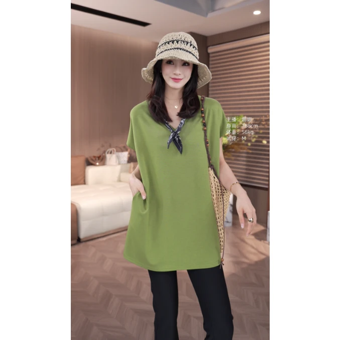 [麦霓严选]夏季新款v领时尚简约独特气质T恤女9498