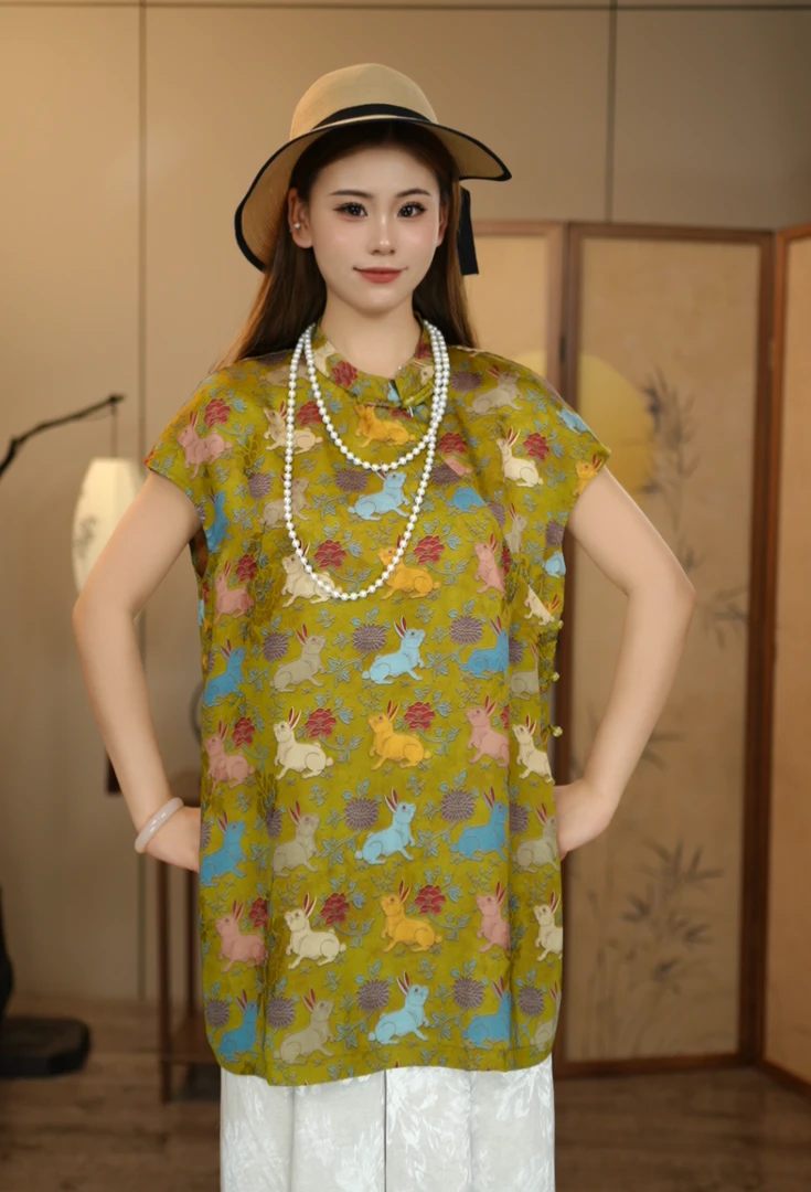 【灵兔兆吉】春夏国风奥黛小飞袖上衣短袖T恤新中式提花老钱风马甲
