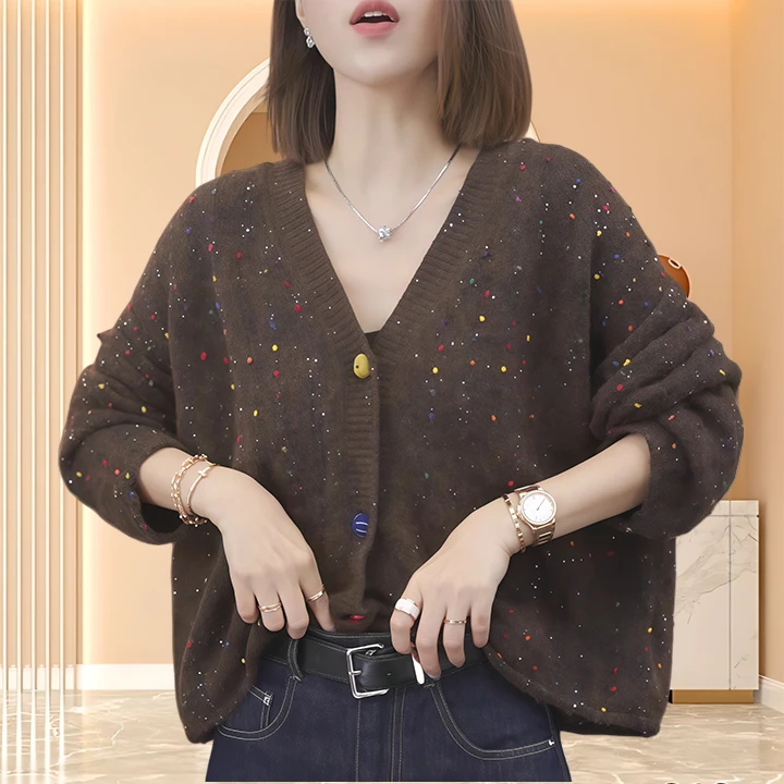 2025秋冬季百搭老钱风女装显瘦毛衣复古老钱风彩点针织开衫外套