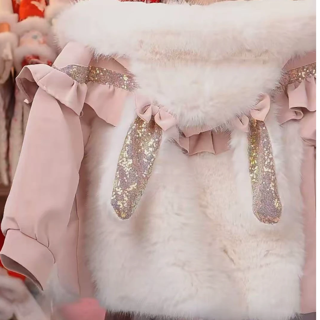 粉【耳朵兔珍珠冬季草草】冬季女童加厚外套冬款童装