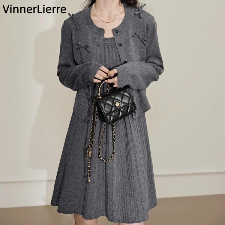 薇妮诺针织连衣裙两件套装秋冬蝴蝶结时尚套装开衫复古秋冬连衣裙