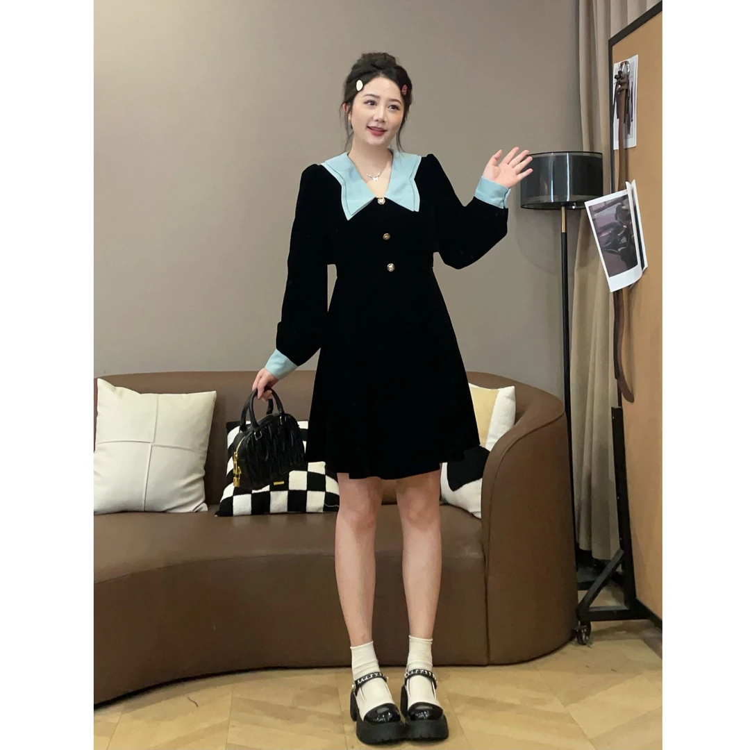 大萌萌 气质赫本风秋季撞色收腰连衣裙微胖显瘦女裙P225Q16491