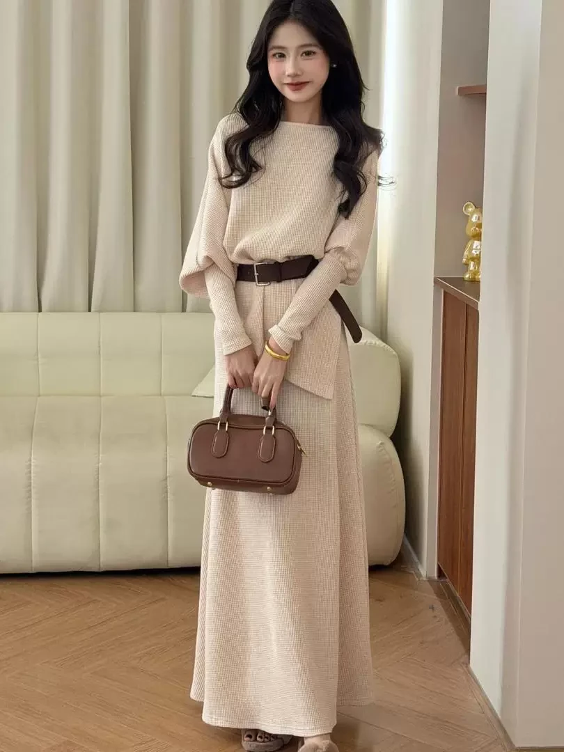 韩版优雅气质圆领不规则蝙蝠袖上衣半身裙女2025秋冬新款高级套装