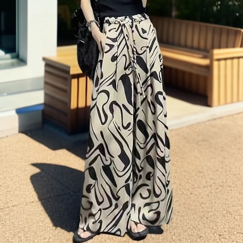 国风时尚花纹高腰显瘦直筒裤女夏季新款抽绳拖地垂感瘦版阔腿裤