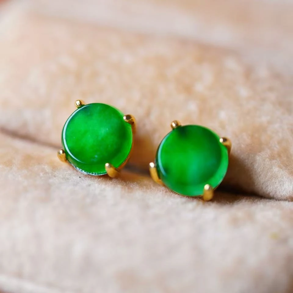 天然A货翡翠四爪无事牌耳钉时尚简约 金色 9mm