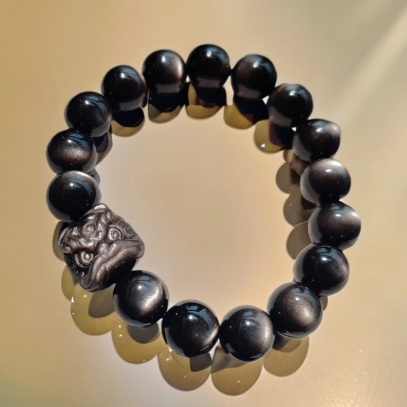 天然银曜石醒狮招财黑曜石银眼男士国潮手链饰品送男友情人节礼物