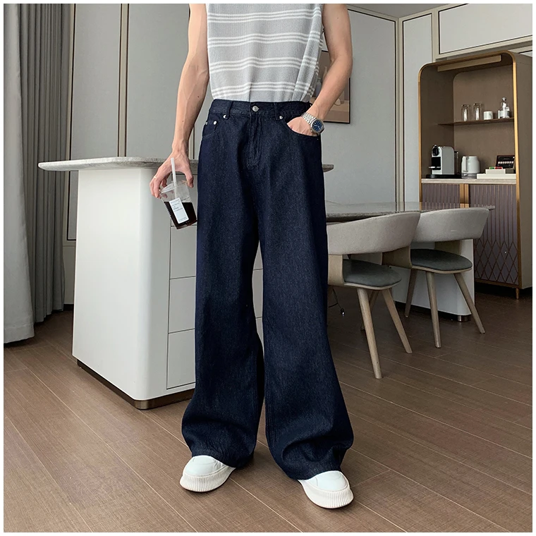 深蓝色弯刀牛仔裤男款慵懒松弛感裤子cleanfit宽松直筒阔腿拖地裤