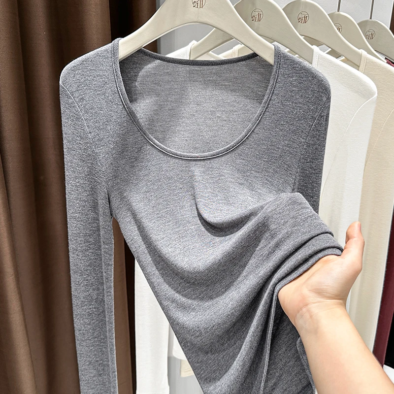灰色露锁骨长袖大圆领薄透上衣女内搭2025春季百搭修身T恤打底衫