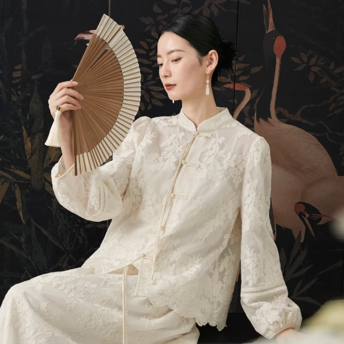 【白茶重工刺绣套装】髙品质天丝+荃棉新中式衬衫/半裙EY1CS0902-A