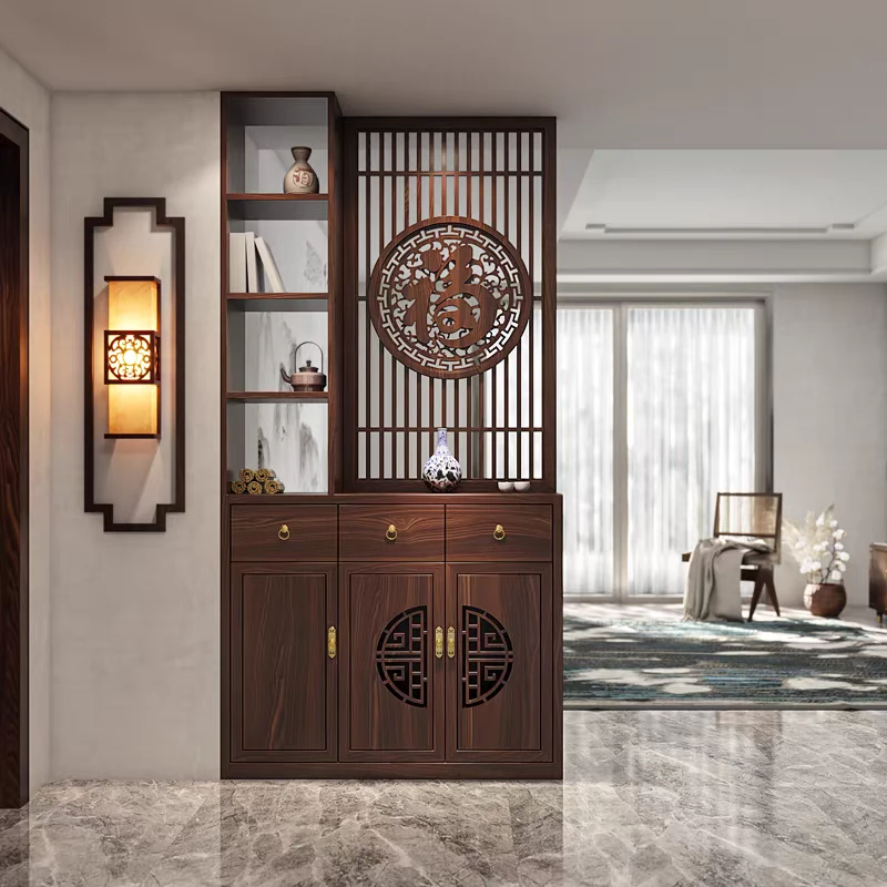 新中式屏风隔断入户正对门福字乌金木客厅鞋柜实木镂空定制玄关柜