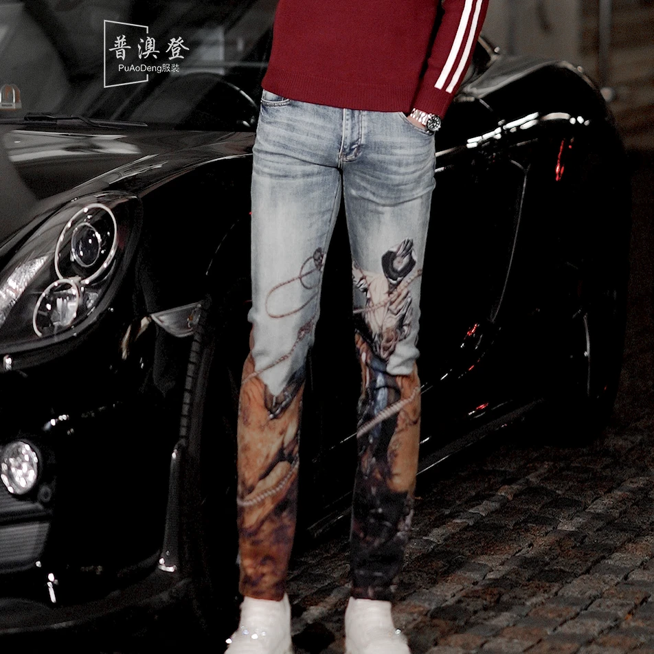 2025夏日上新复古时尚潮流百搭休闲人物印花男士帅气直筒牛仔裤
