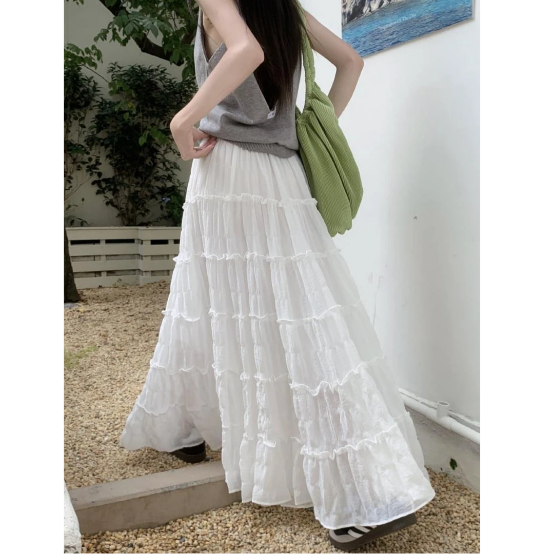 新款韩版百搭肌理感显瘦春夏A字半身裙木耳边拼接蛋糕裙长裙2025