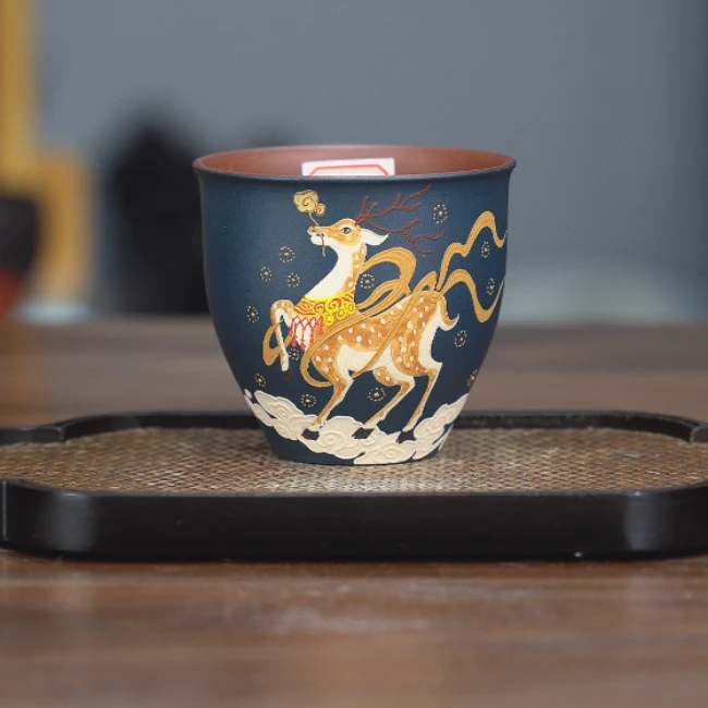 7081紫砂泥料紫泥粉苏门达腊青堆绘小鹿FSY茶具描金150cc品茗杯