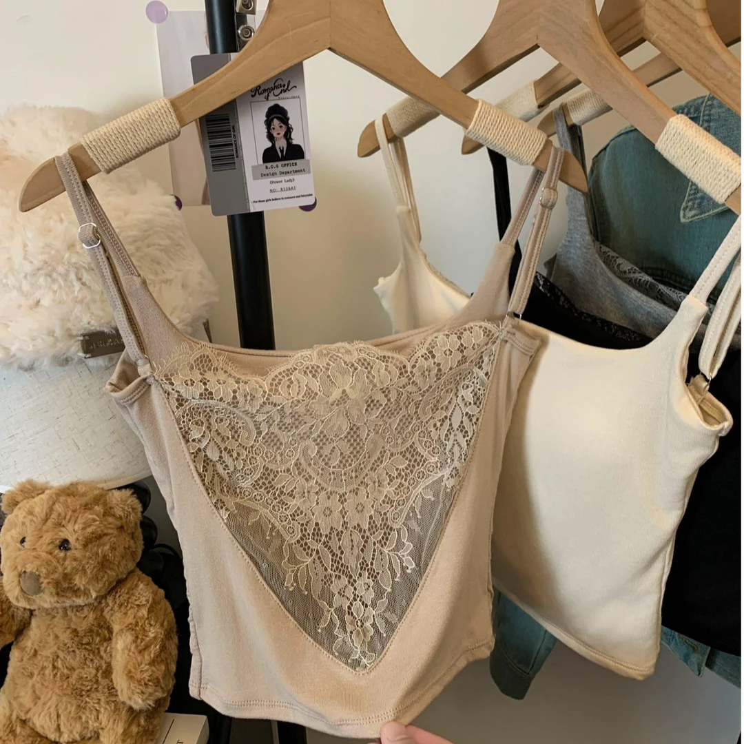 春夏新款美式热辣蕾丝拼接露背吊带自带固定杯胸垫修身聚拢女