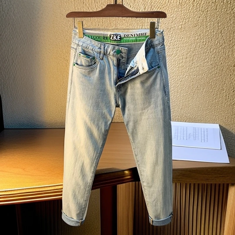 维斯克纳新款九分牛仔裤美式休闲简约百搭修身小直筒弹力水洗裤子