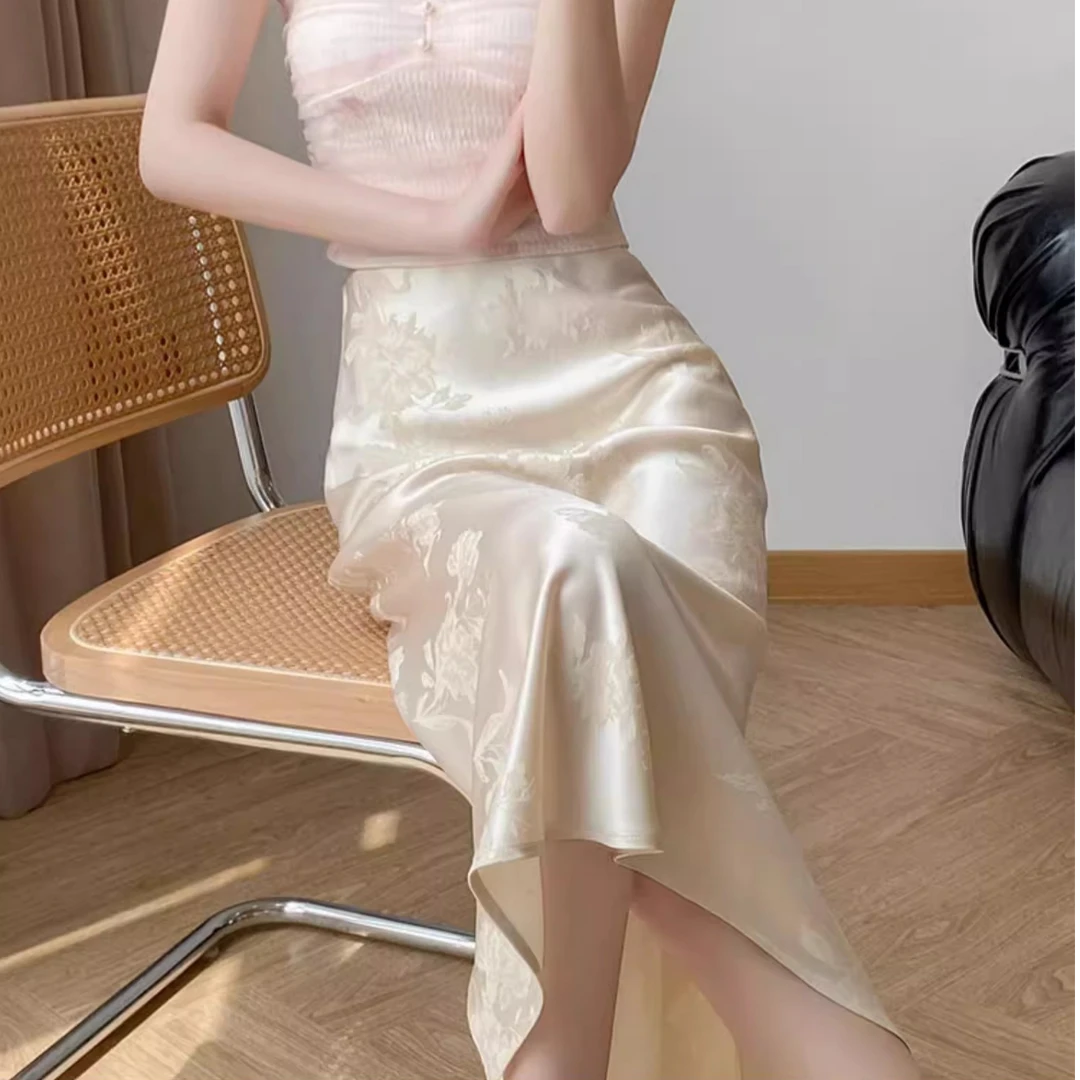 隐形腰+拉链 春夏新中式提花缎面开叉松紧半身裙女气质垂感鱼尾裙