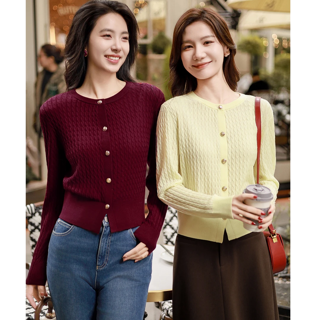 谭飞福气开衫复古绞花小香风显瘦针织百搭圆领秋冬长袖外套女