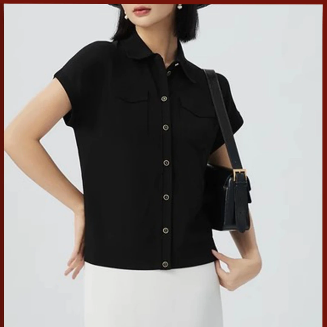 女装专柜商场夏季新款冰丝短袖纯色针织衬衫翻领上衣A301247