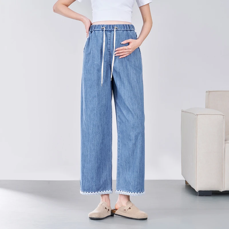 孕妇牛仔裤春夏外穿2025新款夏季薄款小个子无托腹九分阔腿裤夏装