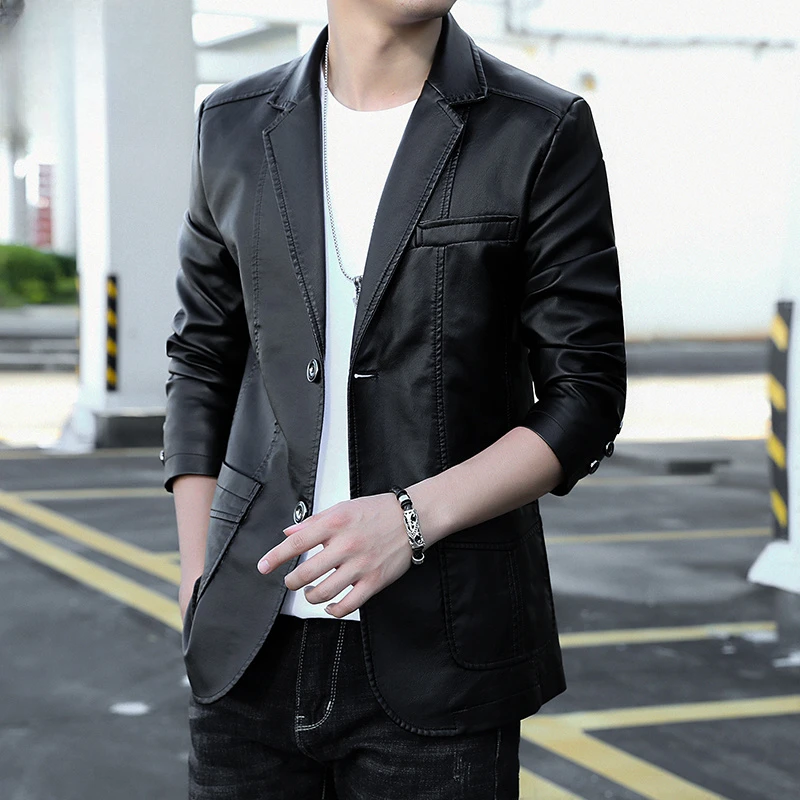 Mexican/稻草人皮衣男士春秋西装领皮夹克韩版修身西装领加绒外套